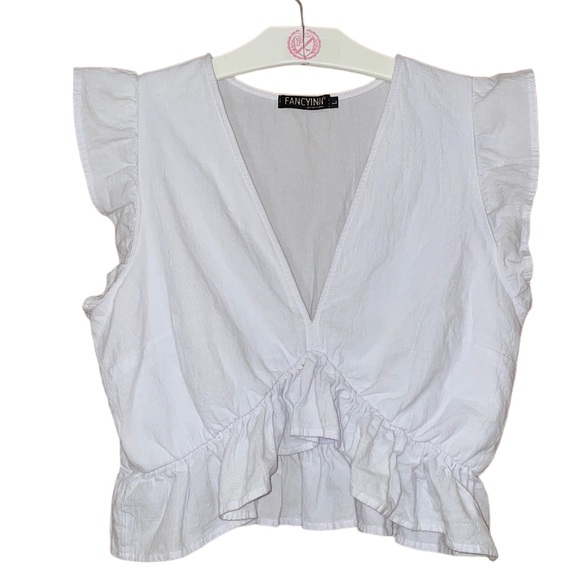 •FANCYINN•WHITE GAUZE MATERIAL DEEP V NECK RUFFLE CROPPED BLOUSE SIZE LARGE - Picture 1 of 7